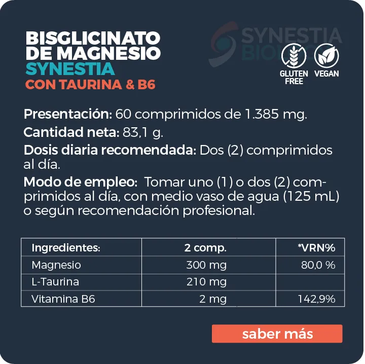 Bisglicinato de Magnesio Synestia con Taurina & B6 (60 comp. - 1.385 mg) - Imagen 2