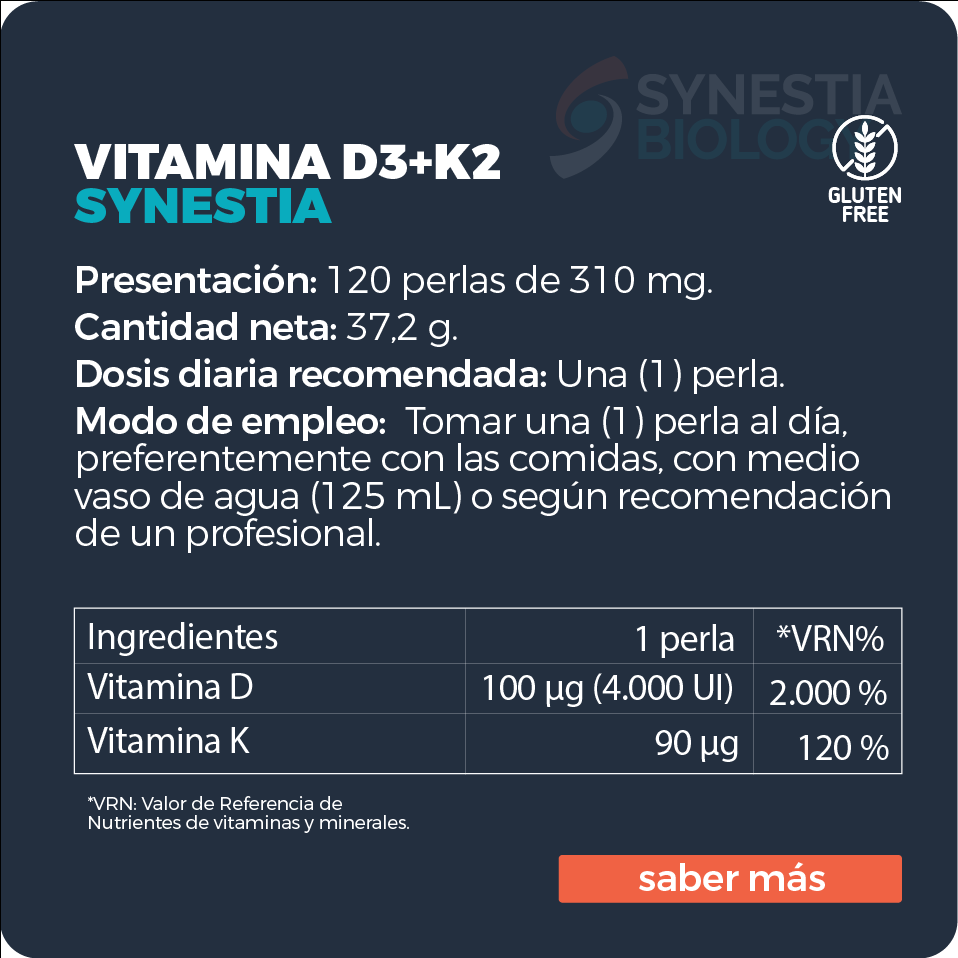 Vitamina D3+K2 Synestia (120 perlas - 310 mg) - Imagen 2